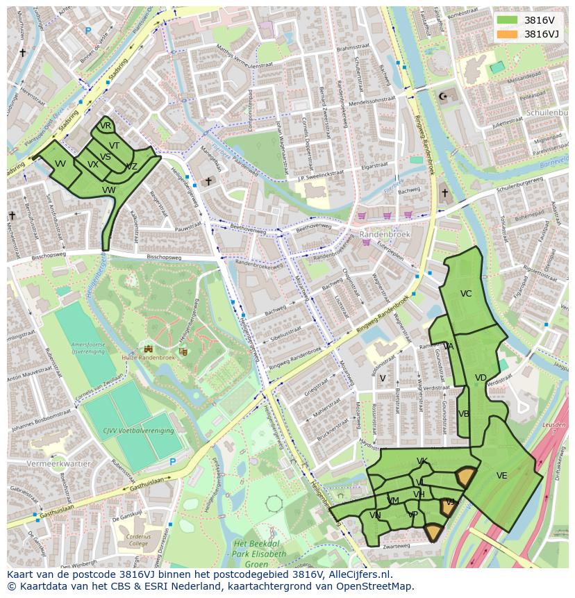 Afbeelding van het postcodegebied 3816 VJ op de kaart.