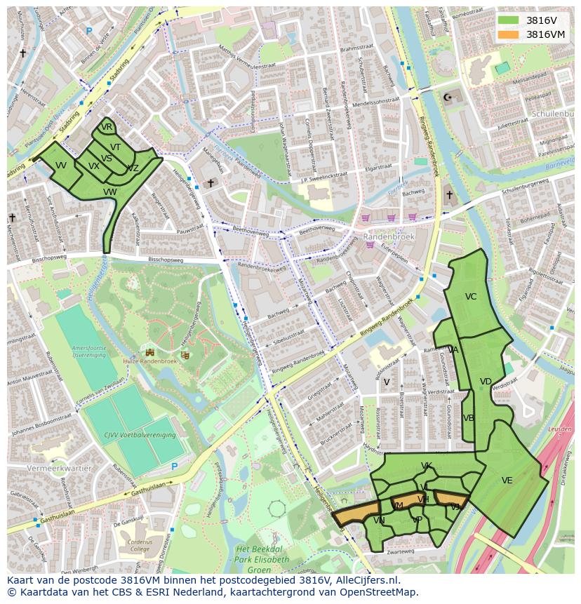 Afbeelding van het postcodegebied 3816 VM op de kaart.