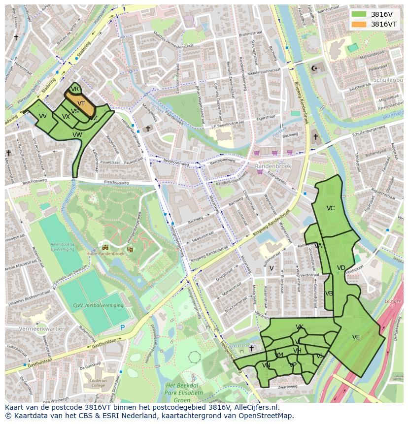 Afbeelding van het postcodegebied 3816 VT op de kaart.