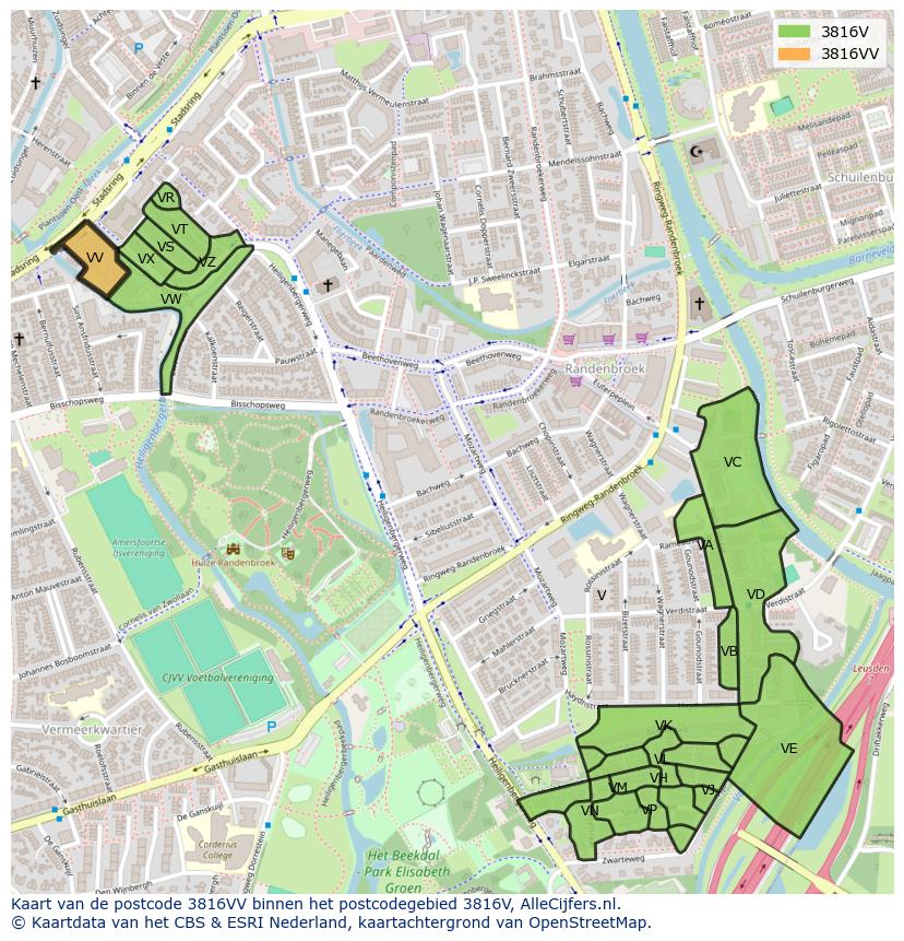 Afbeelding van het postcodegebied 3816 VV op de kaart.