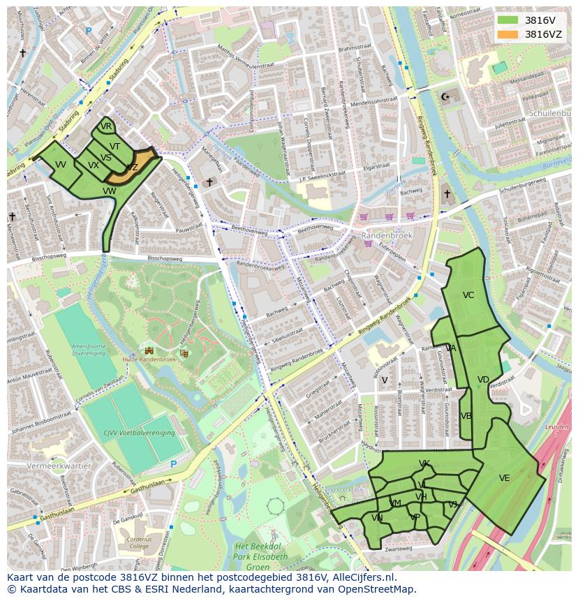 Afbeelding van het postcodegebied 3816 VZ op de kaart.