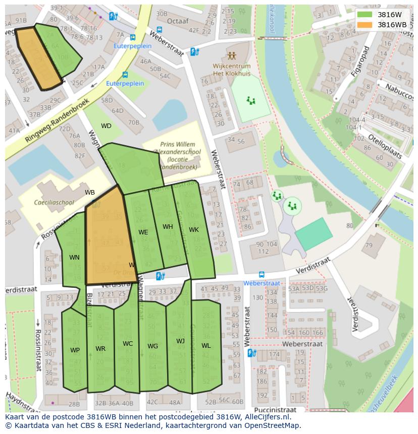Afbeelding van het postcodegebied 3816 WB op de kaart.