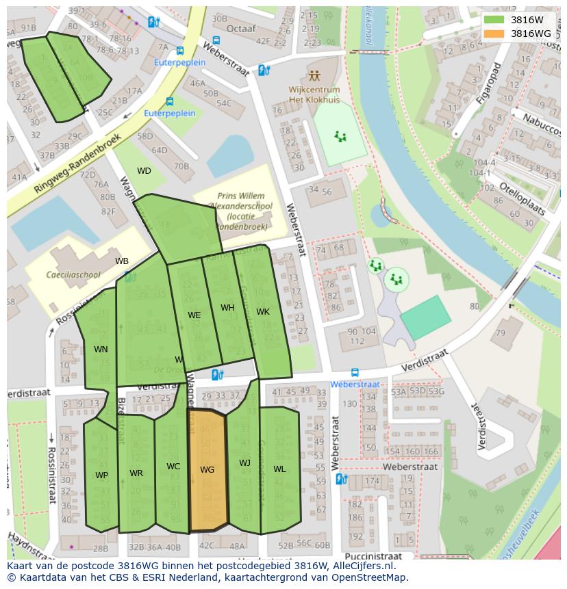 Afbeelding van het postcodegebied 3816 WG op de kaart.