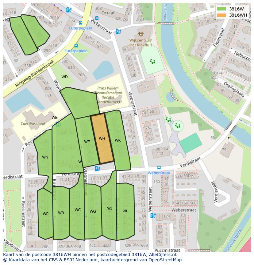 Afbeelding van het postcodegebied 3816 WH op de kaart.