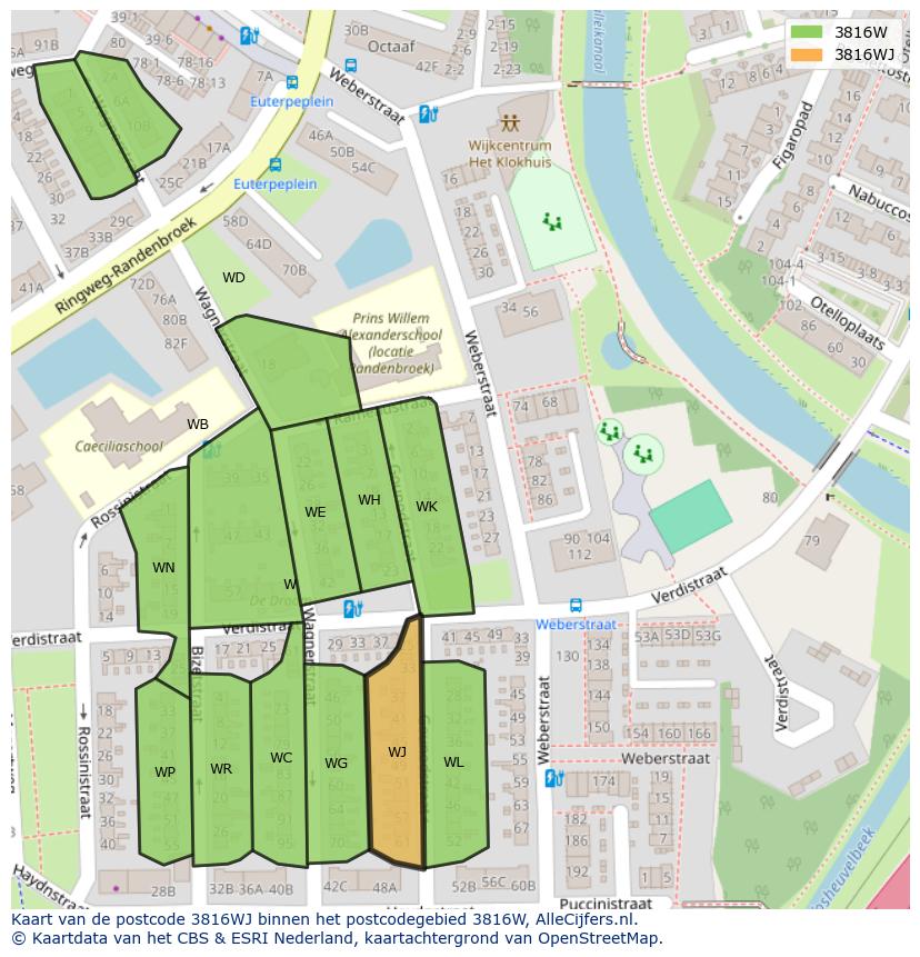 Afbeelding van het postcodegebied 3816 WJ op de kaart.