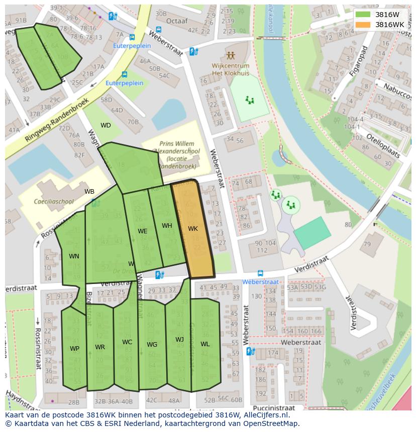 Afbeelding van het postcodegebied 3816 WK op de kaart.