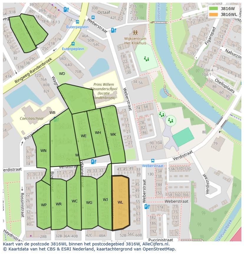 Afbeelding van het postcodegebied 3816 WL op de kaart.