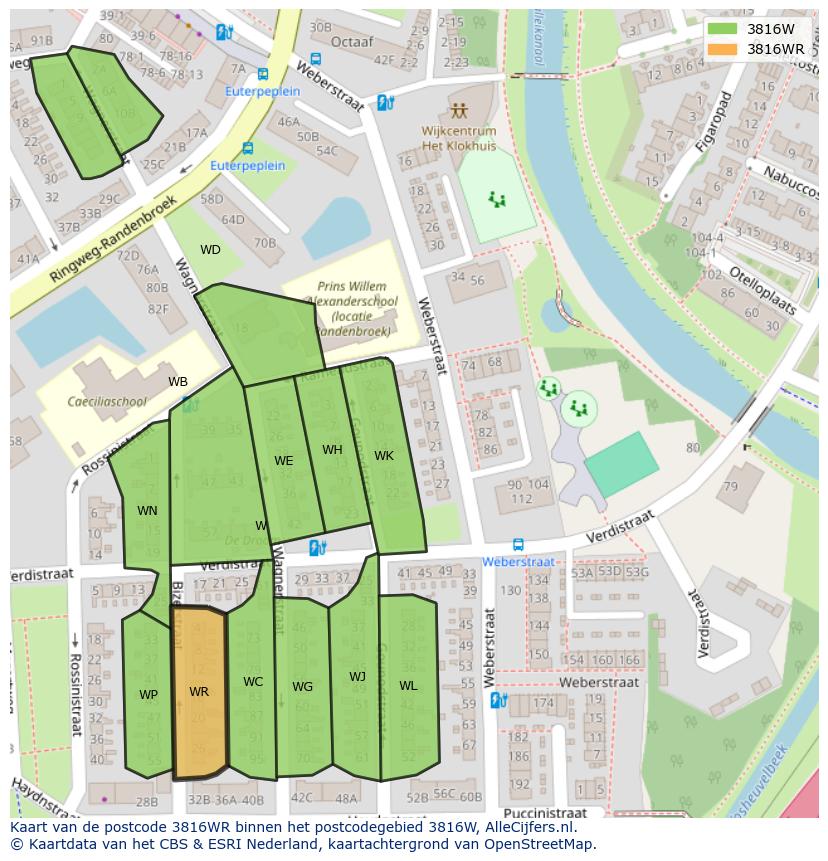 Afbeelding van het postcodegebied 3816 WR op de kaart.