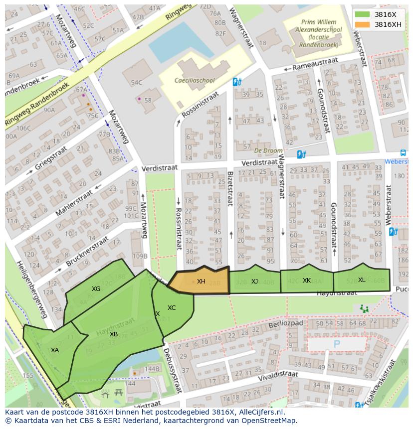 Afbeelding van het postcodegebied 3816 XH op de kaart.