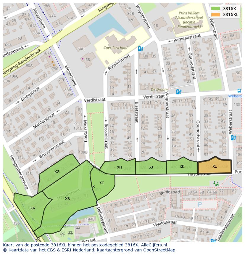 Afbeelding van het postcodegebied 3816 XL op de kaart.