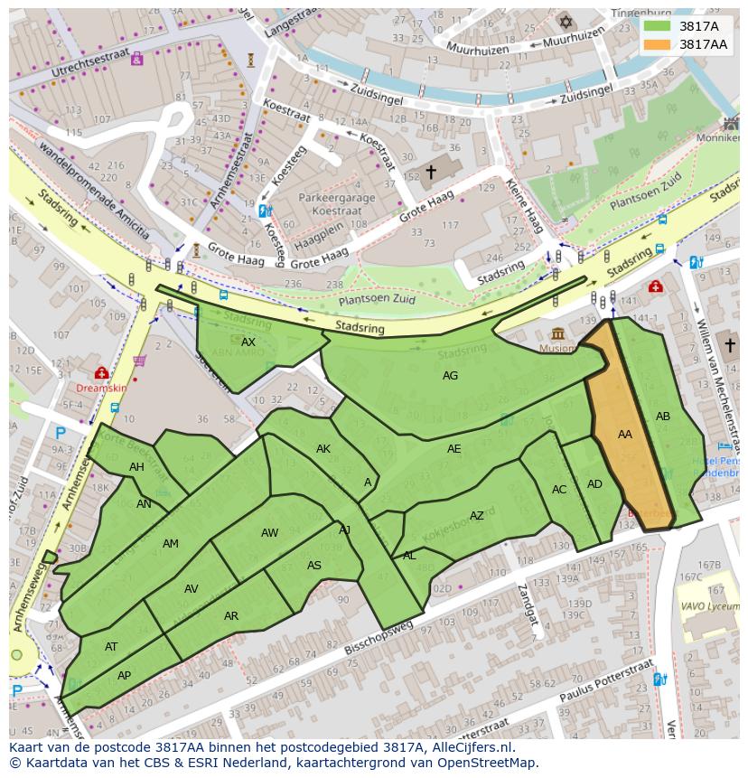 Afbeelding van het postcodegebied 3817 AA op de kaart.