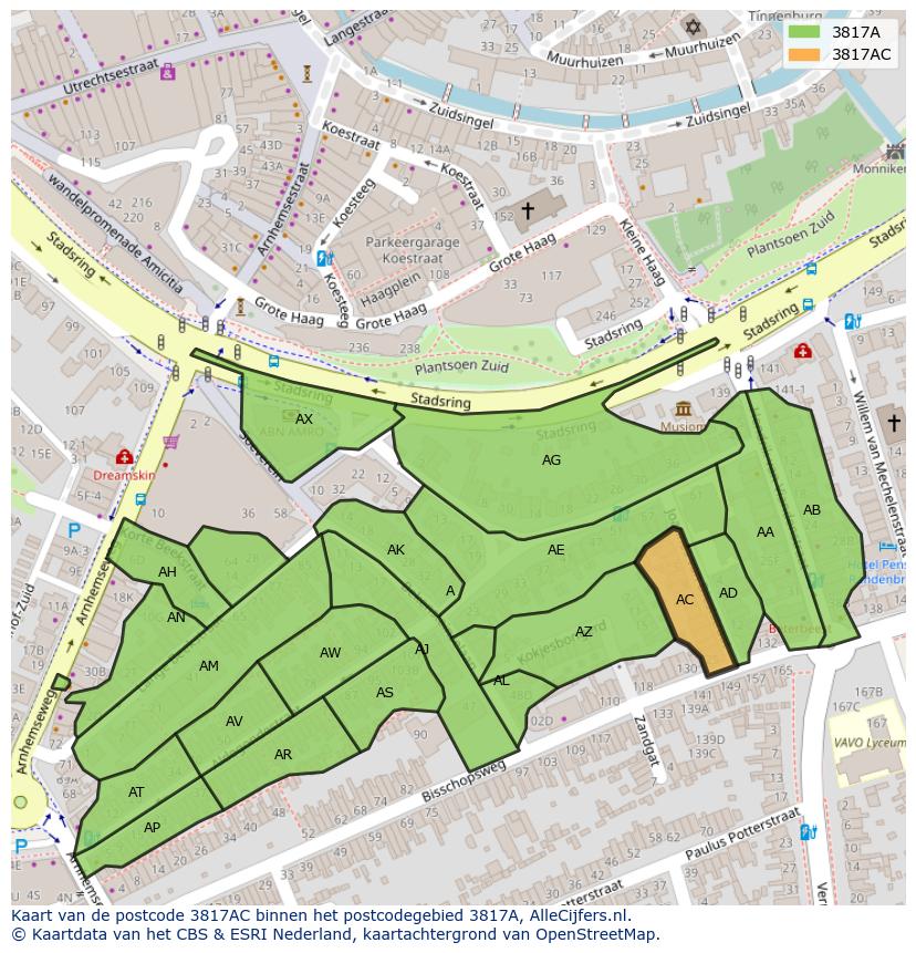 Afbeelding van het postcodegebied 3817 AC op de kaart.