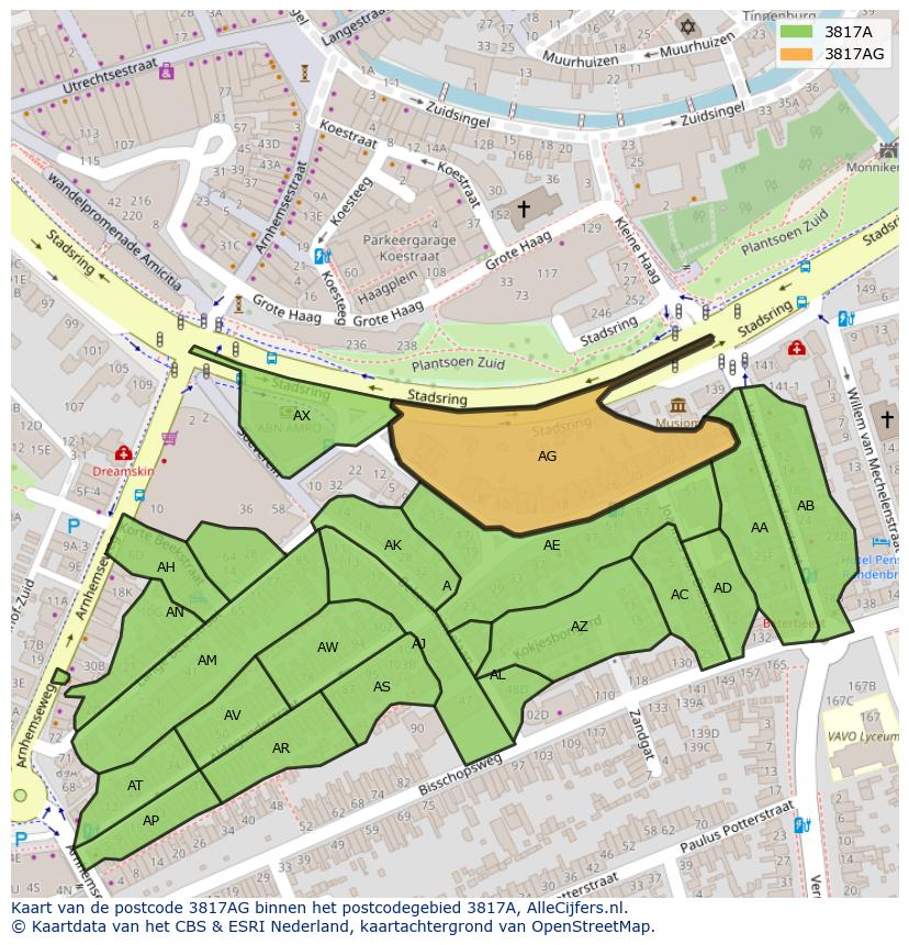Afbeelding van het postcodegebied 3817 AG op de kaart.