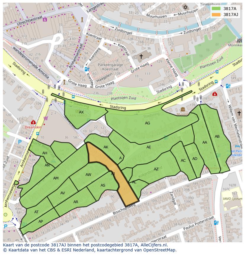 Afbeelding van het postcodegebied 3817 AJ op de kaart.