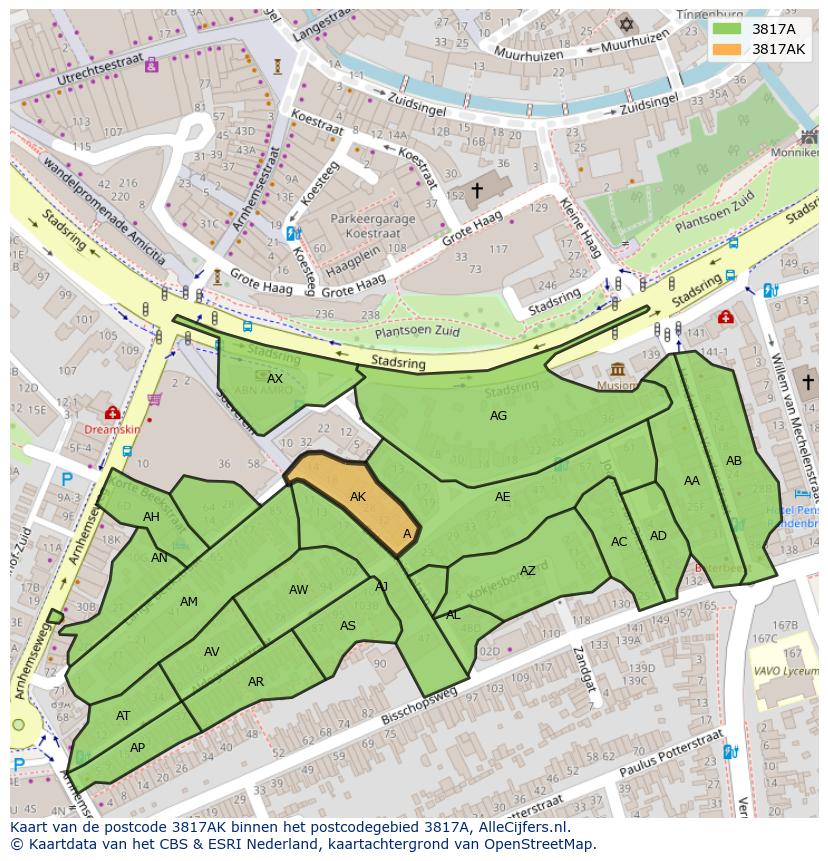 Afbeelding van het postcodegebied 3817 AK op de kaart.