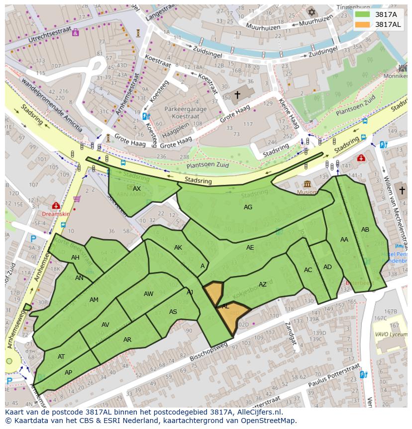 Afbeelding van het postcodegebied 3817 AL op de kaart.