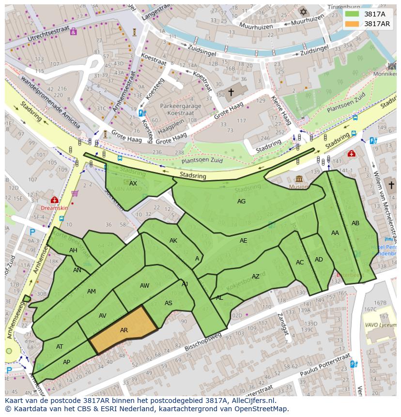 Afbeelding van het postcodegebied 3817 AR op de kaart.