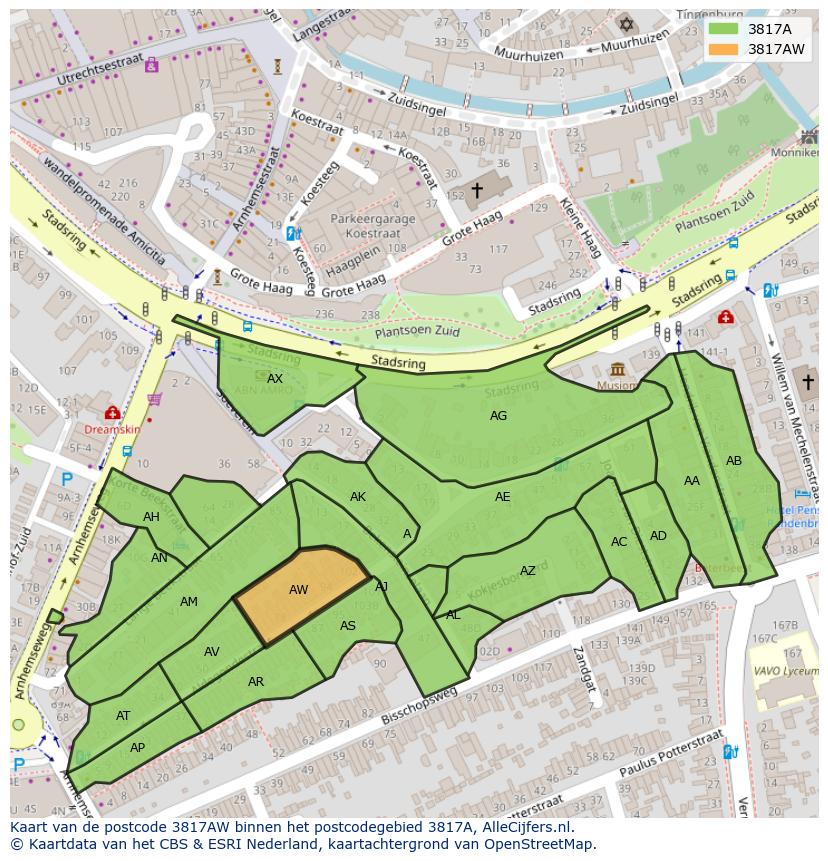 Afbeelding van het postcodegebied 3817 AW op de kaart.