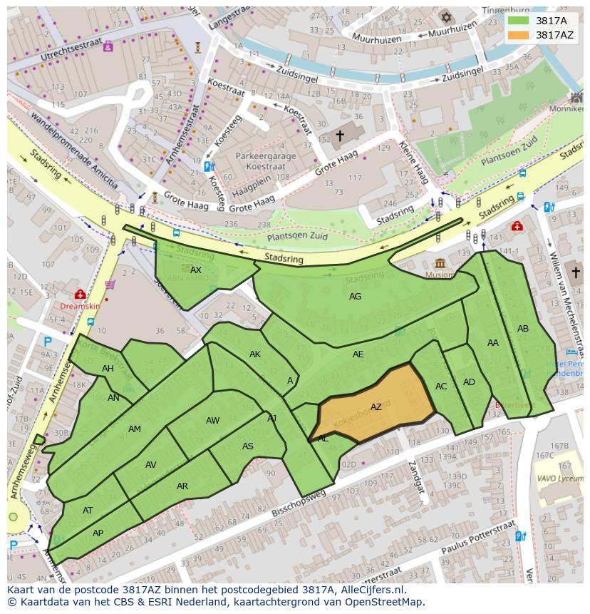 Afbeelding van het postcodegebied 3817 AZ op de kaart.