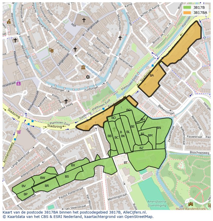 Afbeelding van het postcodegebied 3817 BA op de kaart.