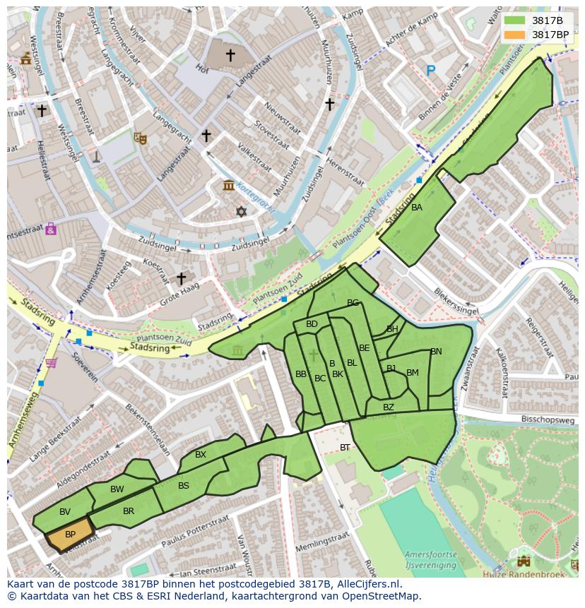 Afbeelding van het postcodegebied 3817 BP op de kaart.
