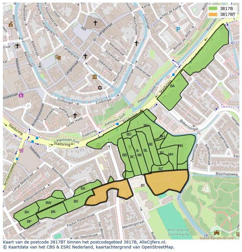 Afbeelding van het postcodegebied 3817 BT op de kaart.