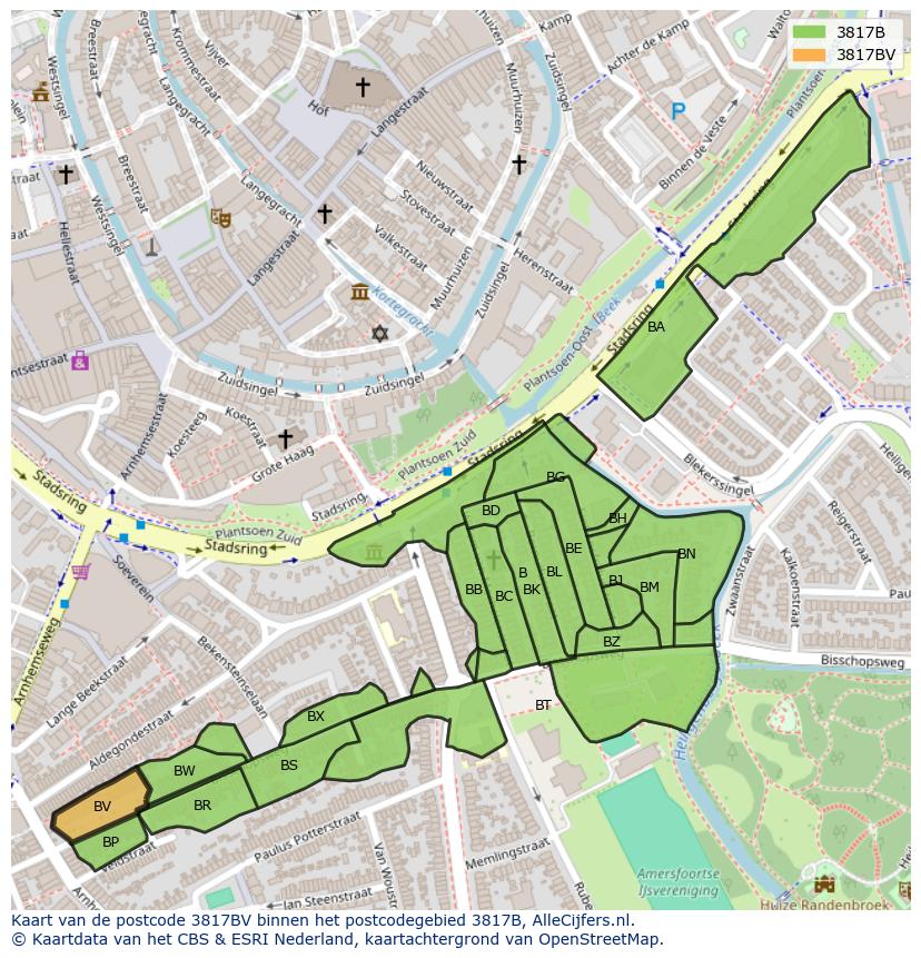 Afbeelding van het postcodegebied 3817 BV op de kaart.