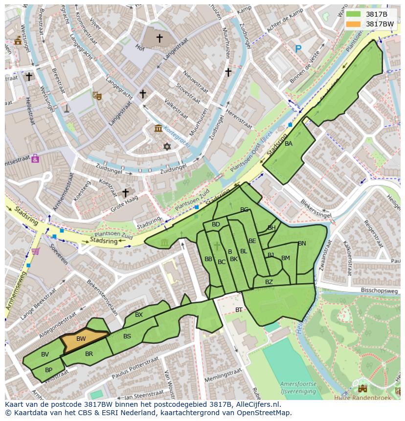 Afbeelding van het postcodegebied 3817 BW op de kaart.