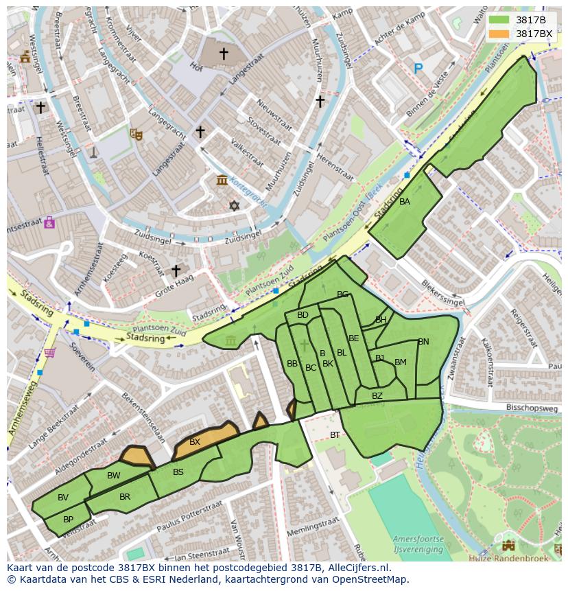 Afbeelding van het postcodegebied 3817 BX op de kaart.