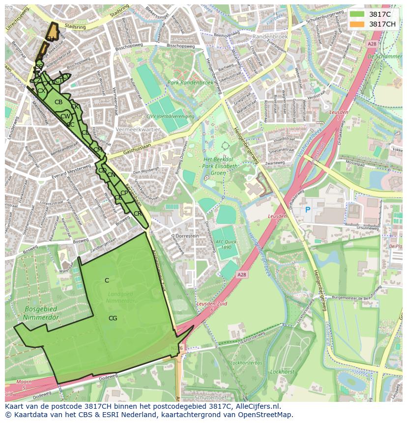 Afbeelding van het postcodegebied 3817 CH op de kaart.