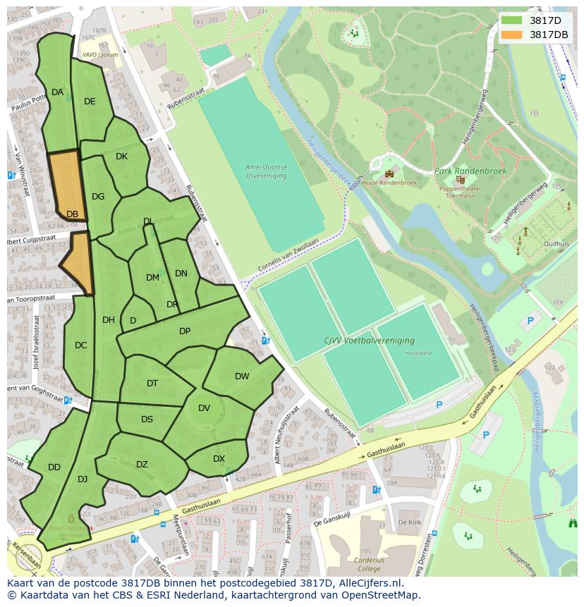Afbeelding van het postcodegebied 3817 DB op de kaart.