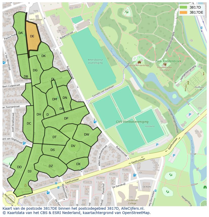 Afbeelding van het postcodegebied 3817 DE op de kaart.