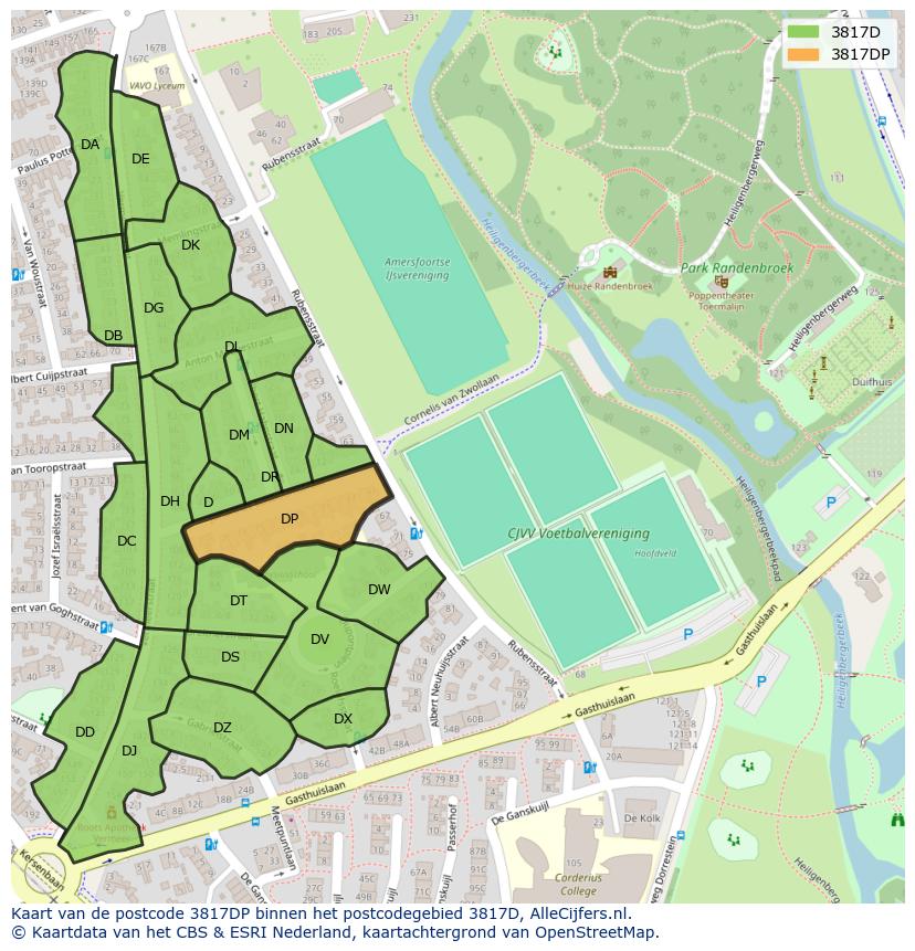 Afbeelding van het postcodegebied 3817 DP op de kaart.
