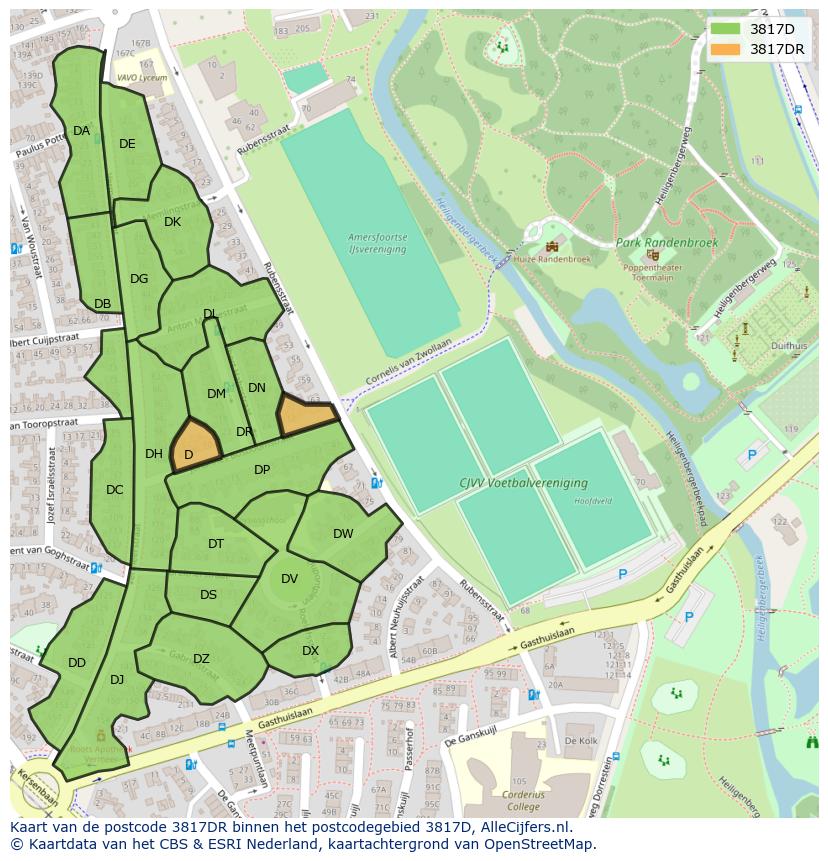 Afbeelding van het postcodegebied 3817 DR op de kaart.