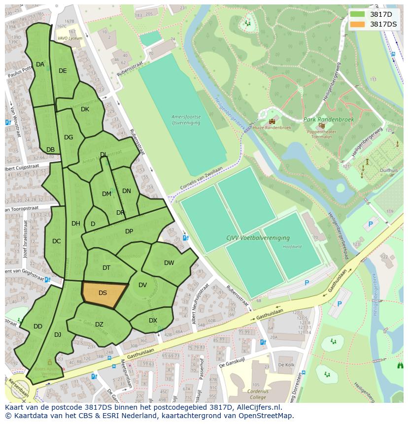 Afbeelding van het postcodegebied 3817 DS op de kaart.