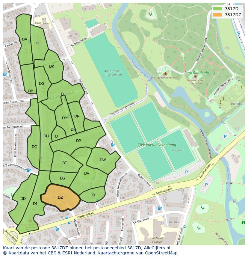 Afbeelding van het postcodegebied 3817 DZ op de kaart.