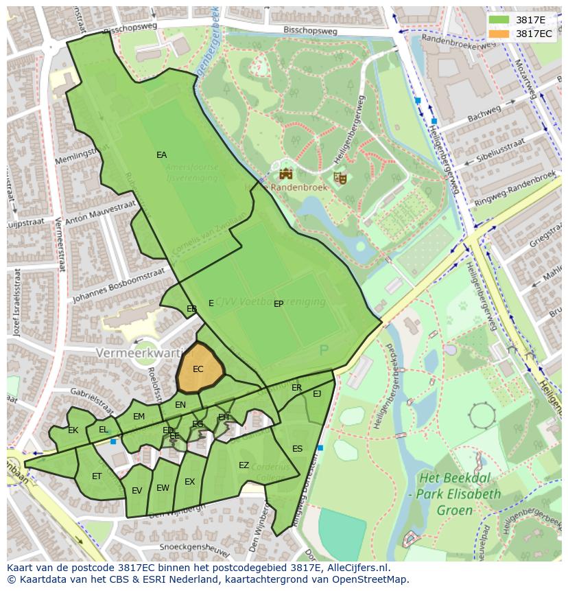 Afbeelding van het postcodegebied 3817 EC op de kaart.