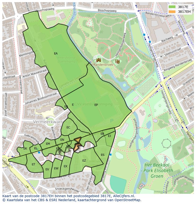 Afbeelding van het postcodegebied 3817 EH op de kaart.