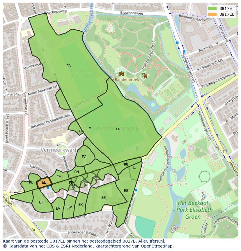 Afbeelding van het postcodegebied 3817 EL op de kaart.