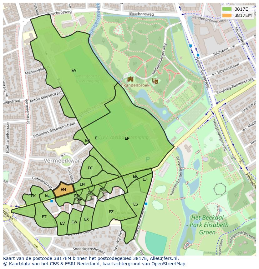 Afbeelding van het postcodegebied 3817 EM op de kaart.