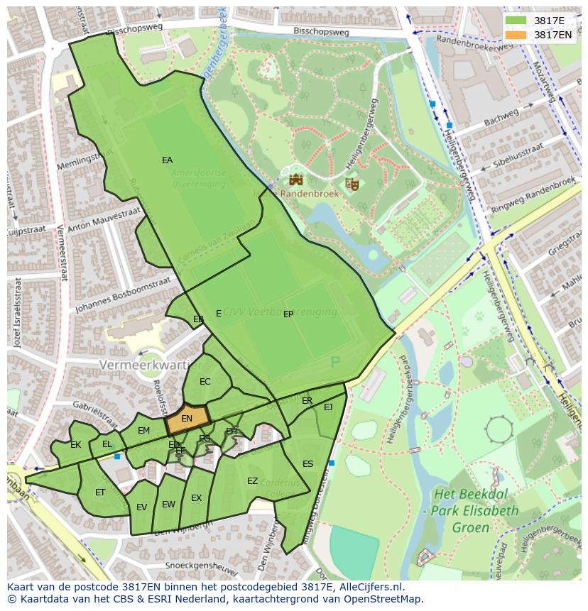 Afbeelding van het postcodegebied 3817 EN op de kaart.