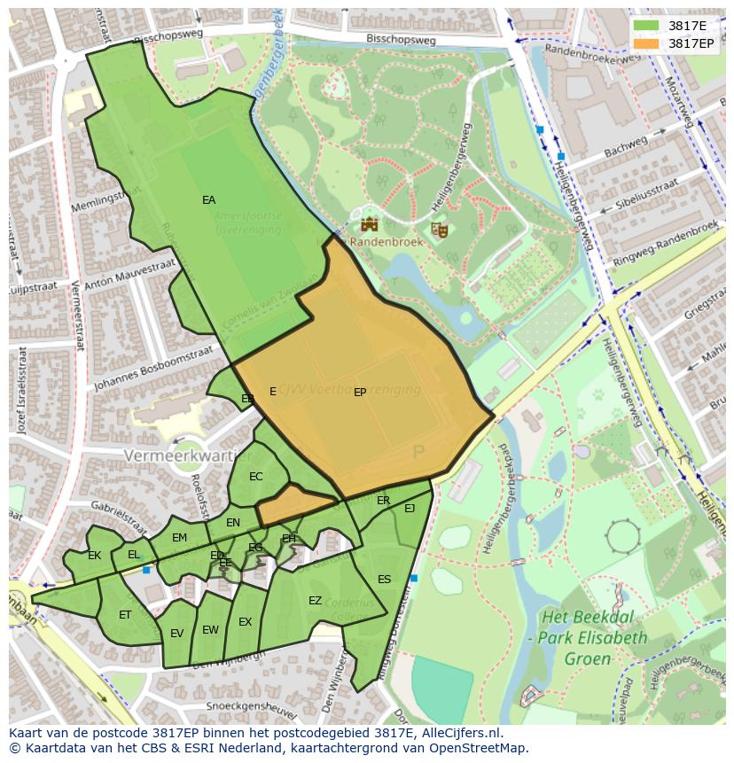 Afbeelding van het postcodegebied 3817 EP op de kaart.