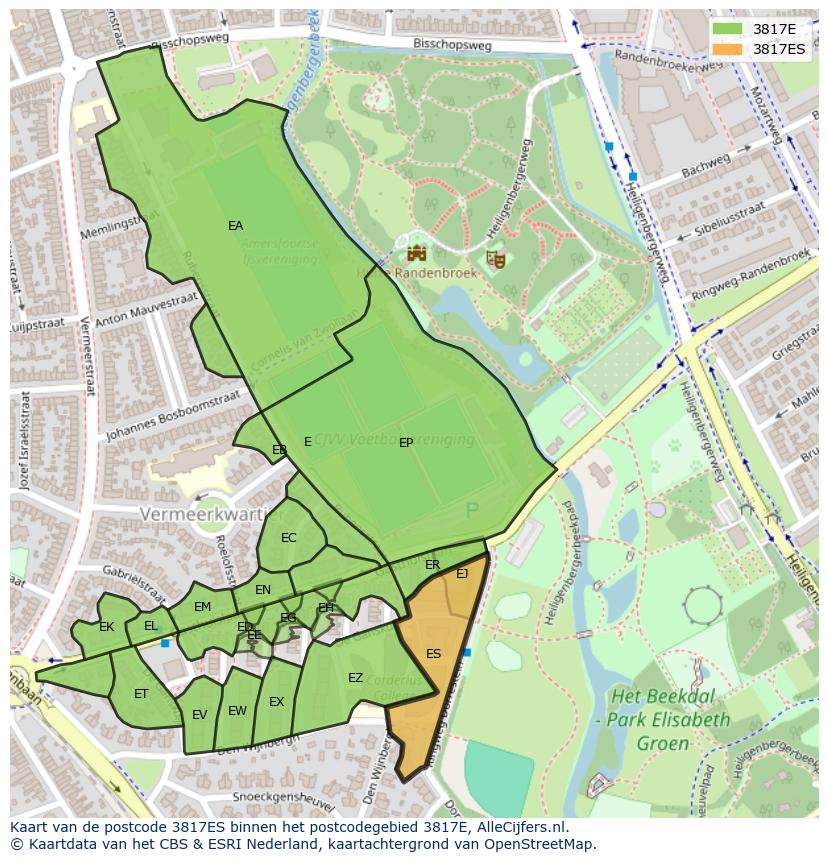 Afbeelding van het postcodegebied 3817 ES op de kaart.