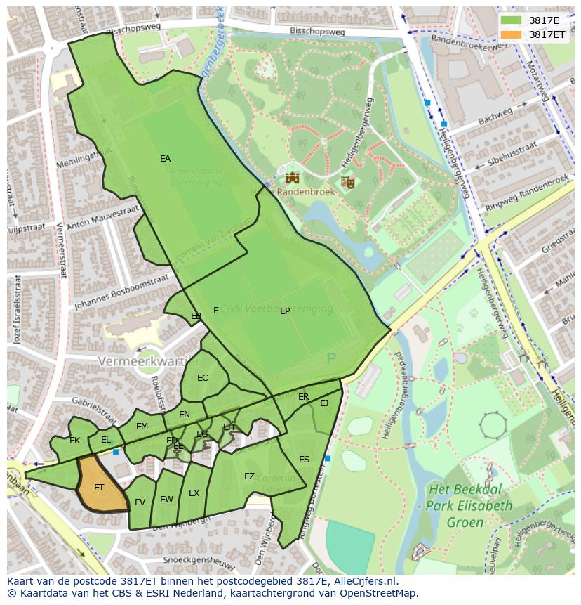 Afbeelding van het postcodegebied 3817 ET op de kaart.