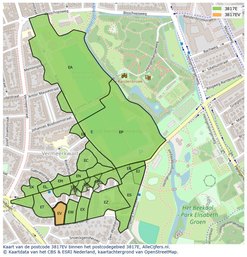 Afbeelding van het postcodegebied 3817 EV op de kaart.