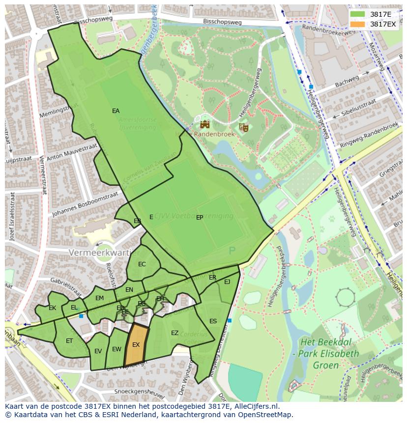 Afbeelding van het postcodegebied 3817 EX op de kaart.