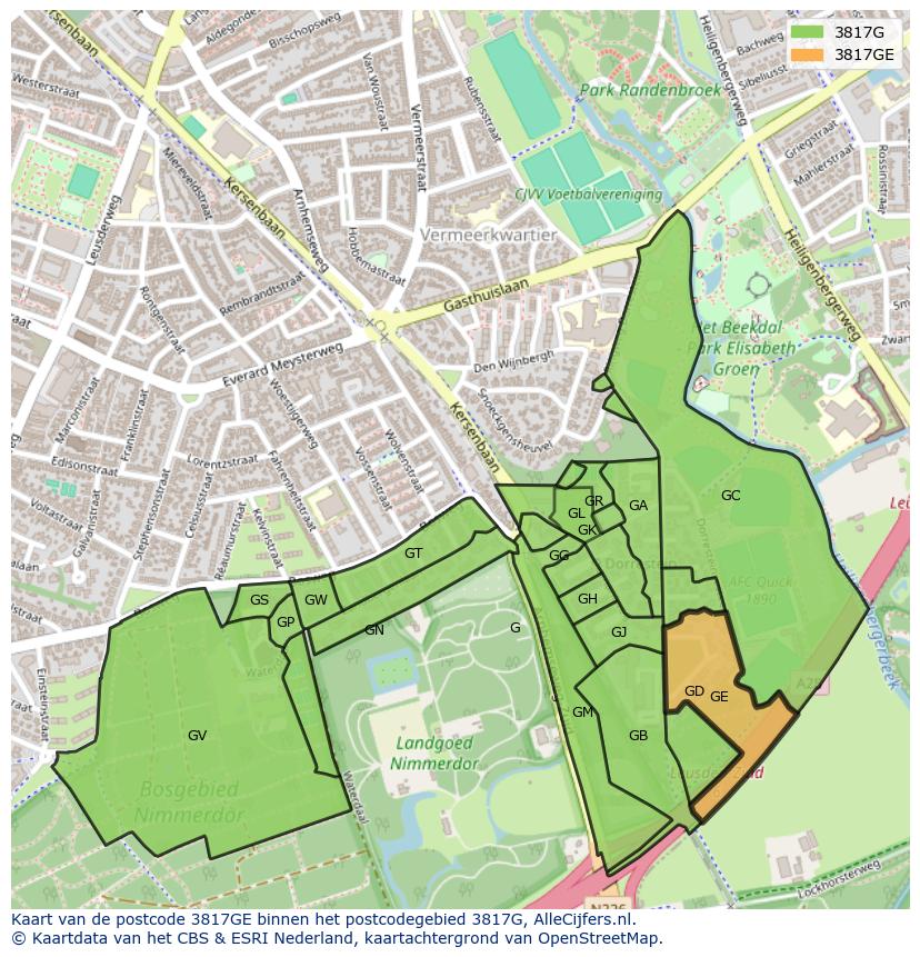 Afbeelding van het postcodegebied 3817 GE op de kaart.