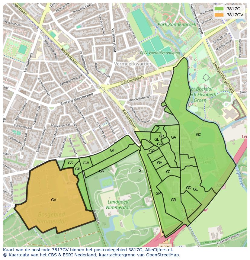 Afbeelding van het postcodegebied 3817 GV op de kaart.