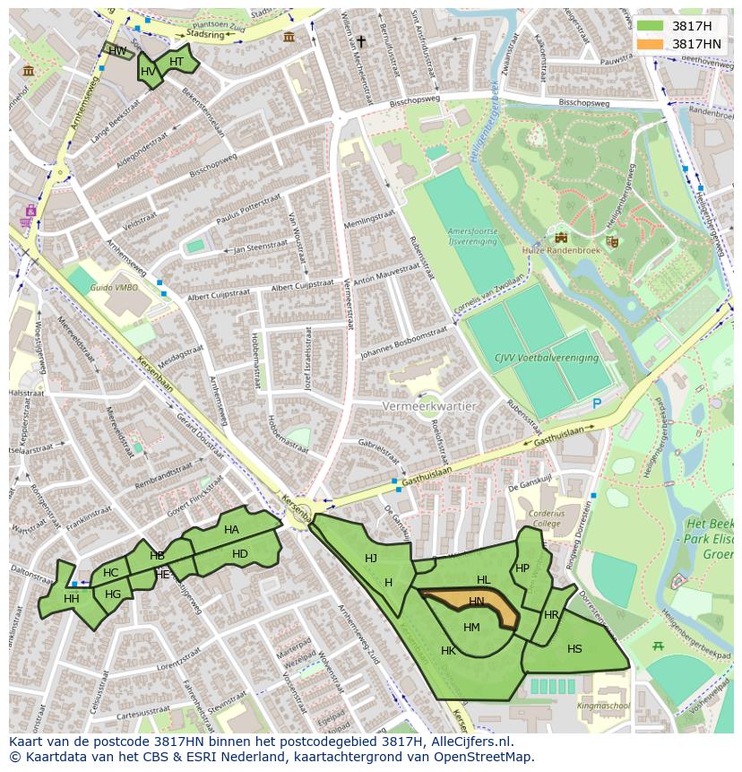 Afbeelding van het postcodegebied 3817 HN op de kaart.
