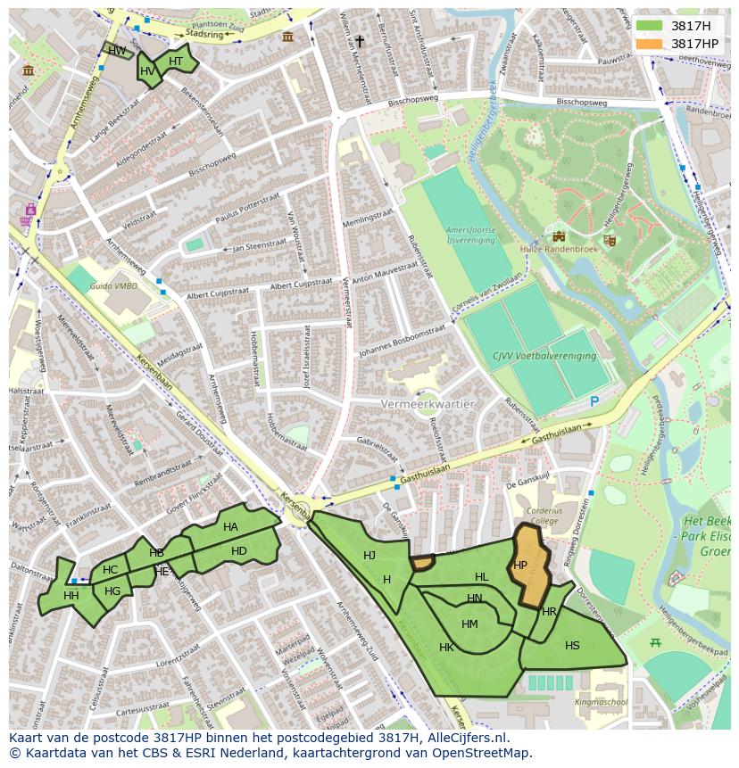 Afbeelding van het postcodegebied 3817 HP op de kaart.